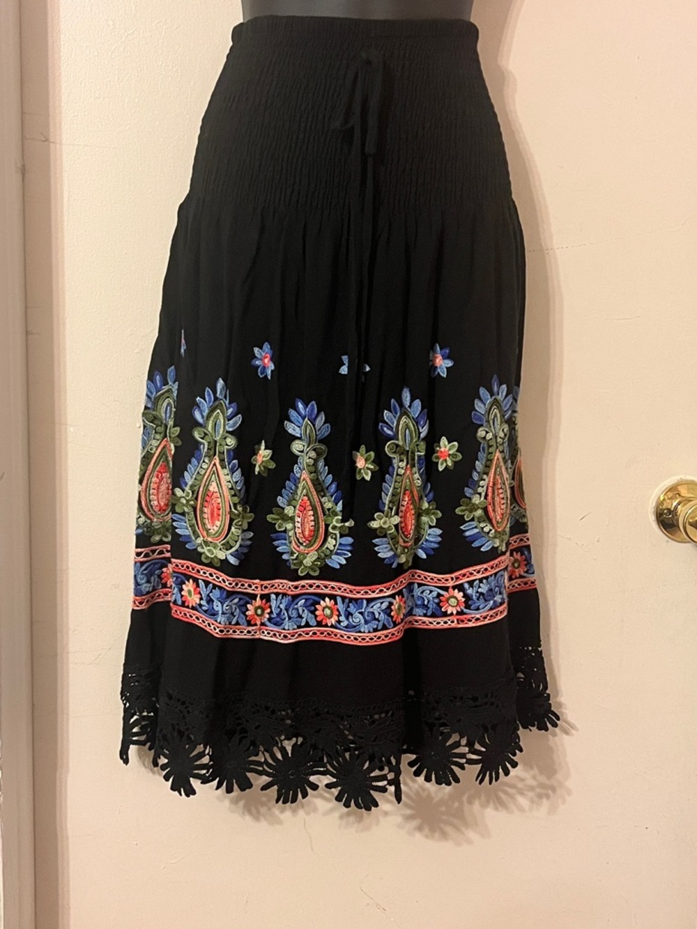 Black Embroidered Midi Skirt with Colorful Paisley Detail